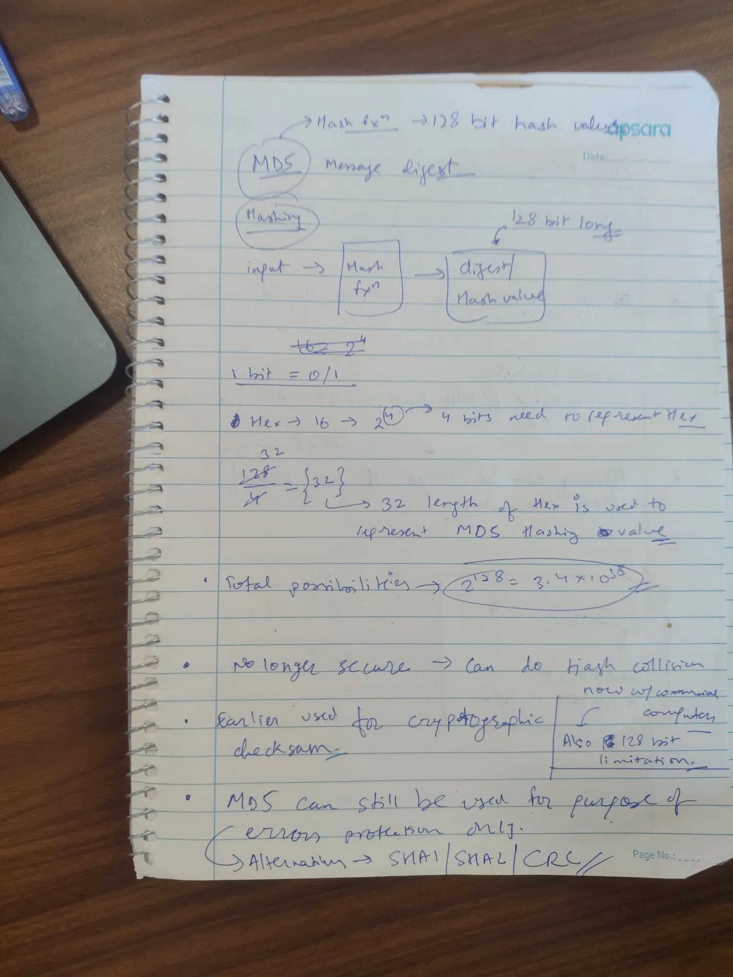 Notebook page 1: MD5 as a hash function with a 128-bit output, why 128 bits is 32 hex characters, 2 to the 128 possibilities, and why MD5 is no longer secure.