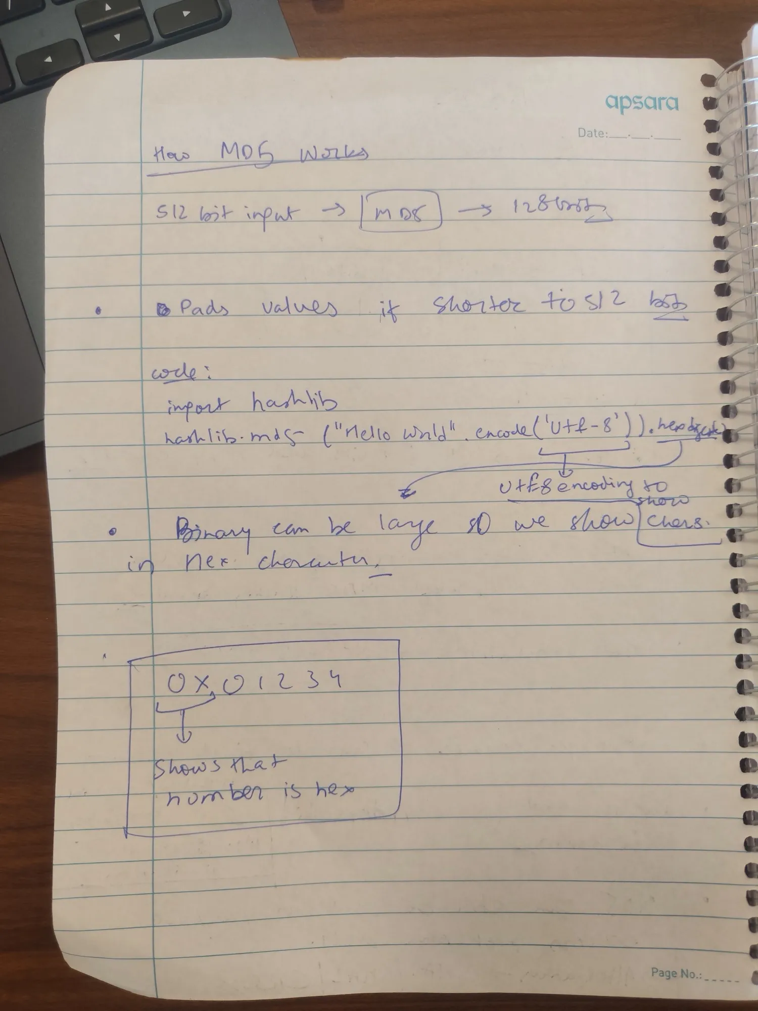 Notebook page 2: how MD5 works, padding to 512 bits, the hashlib example, and the 0x prefix for hex numbers.