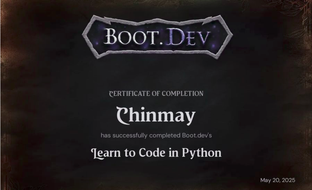 Boot.dev's Learn to Code in Python Course Certificate