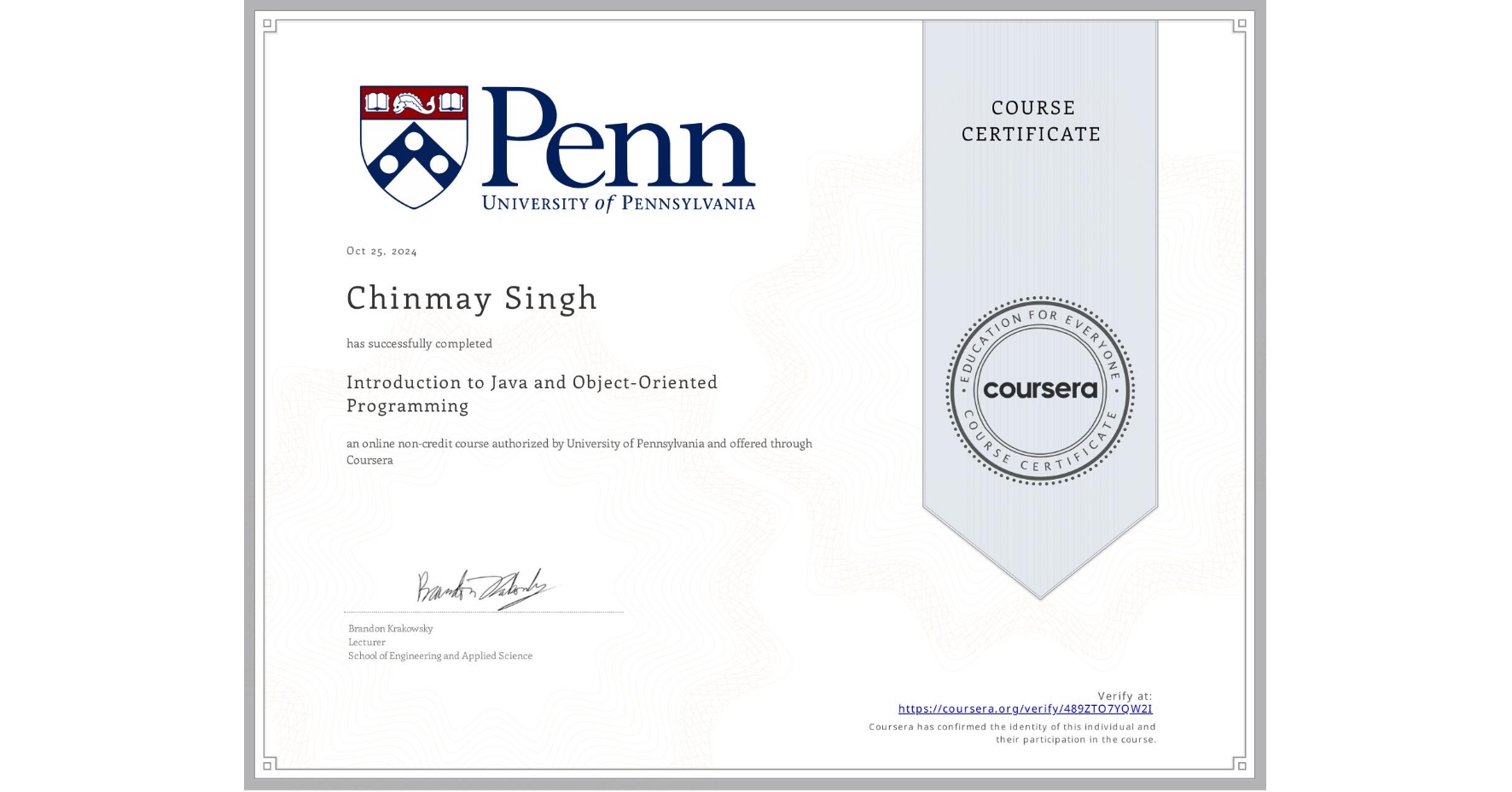 Introduction to Java and Object-Oriented Programming Certificate