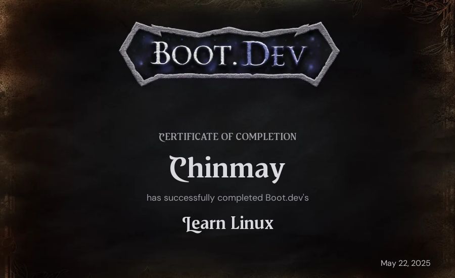 Boot.dev's Learn Linux Course Certificate