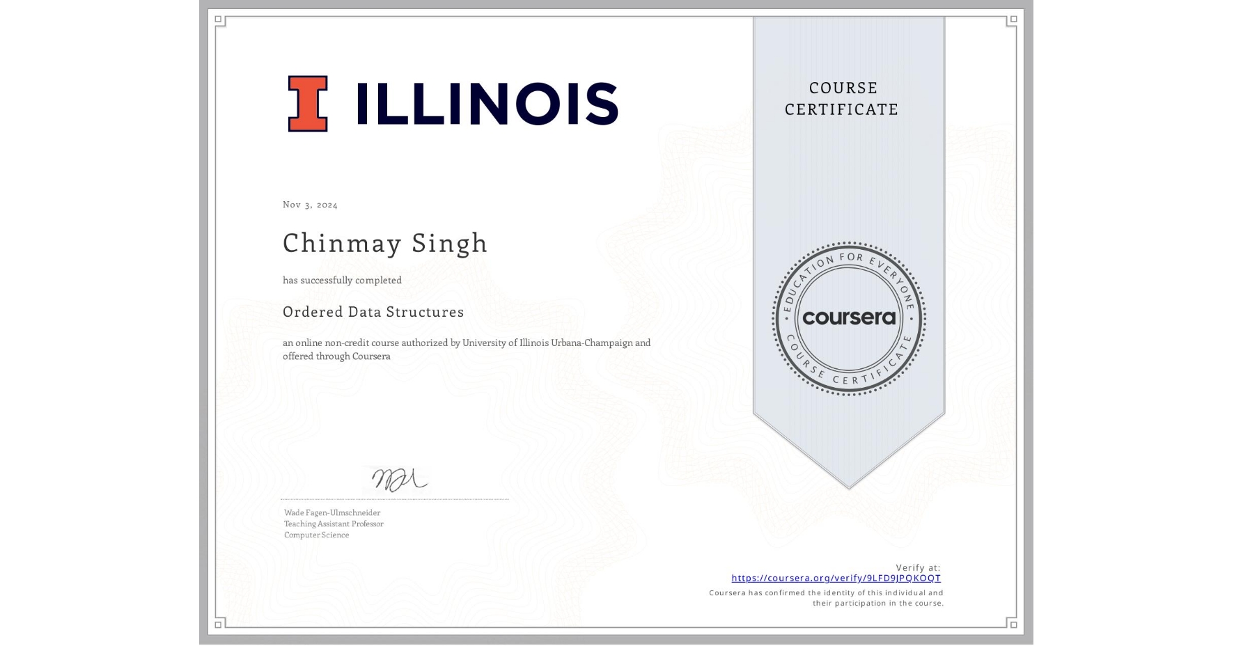 Ordered Data Structures Certificate